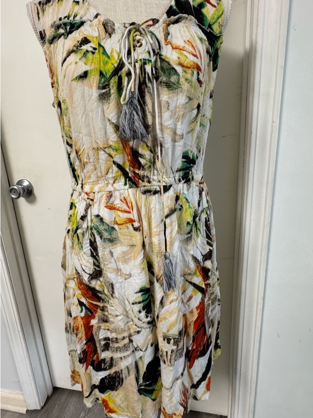Joan Vass Cream Midi Dress with Green, Yellow, Orange and Black Leaf Print